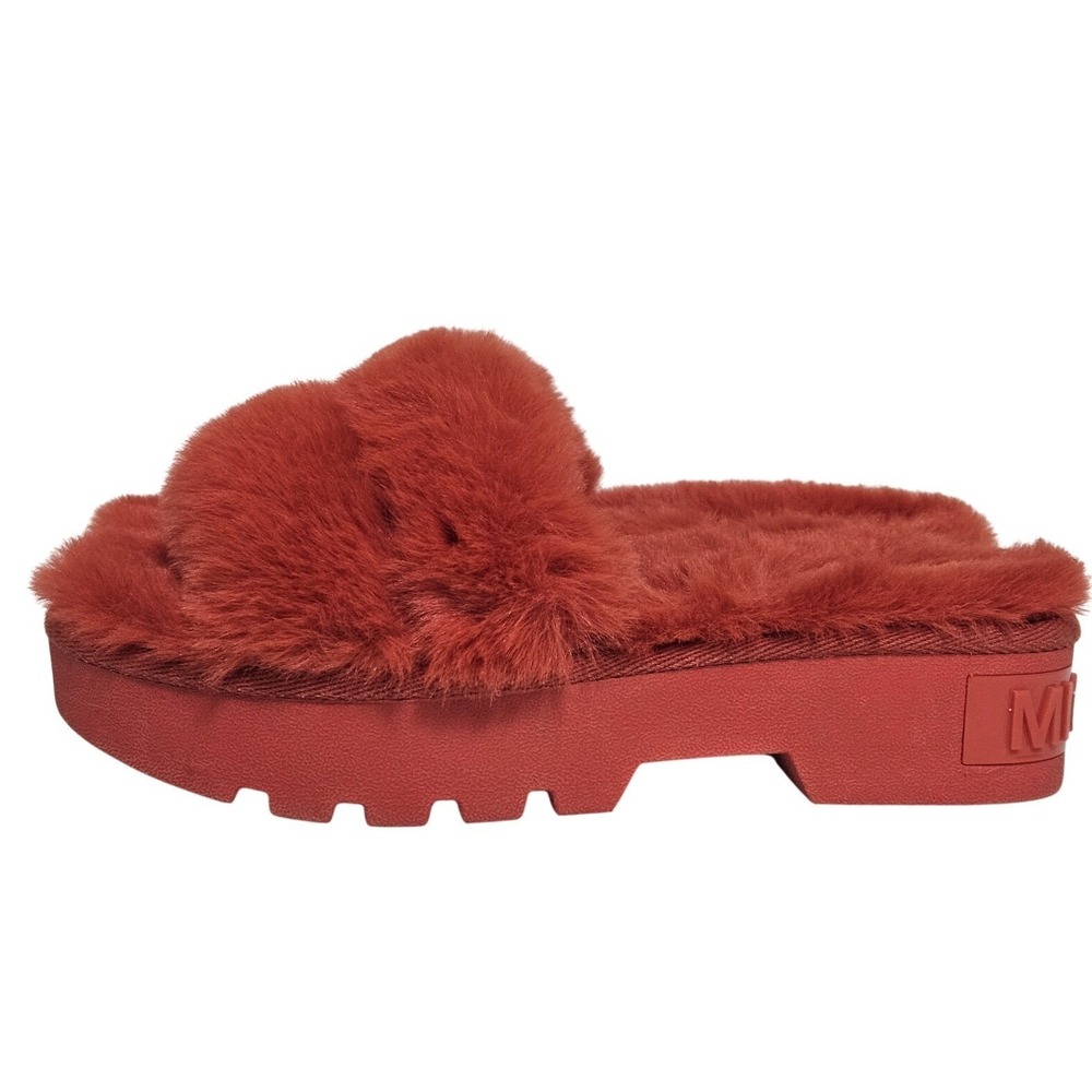 Michael Kors Alfie Furry Platform Slides Women 7 Rust Red Faux Fur Chunky Sandal